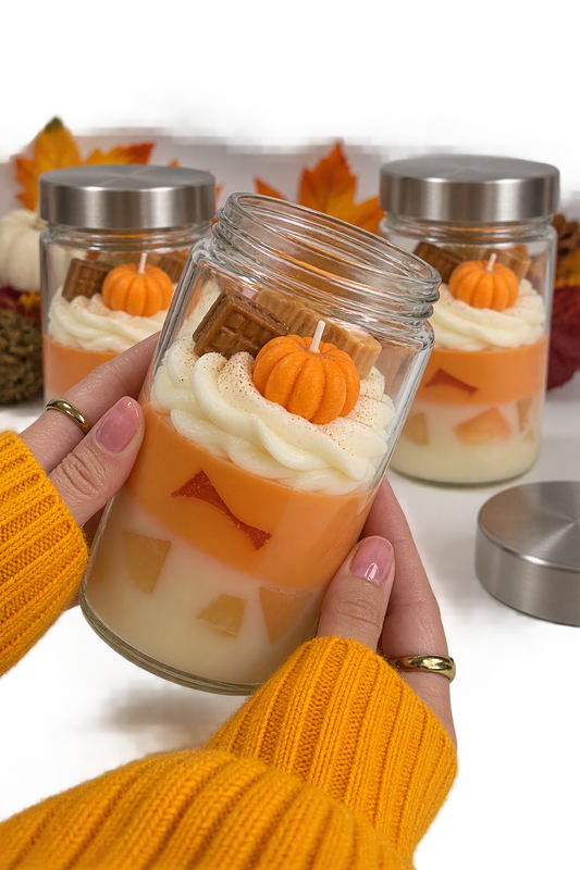 SugarBloom Candles Pumpkin Spice Latte Autumn Edition candle with pumpkin-inspired wax, cream topping and autumn decorations